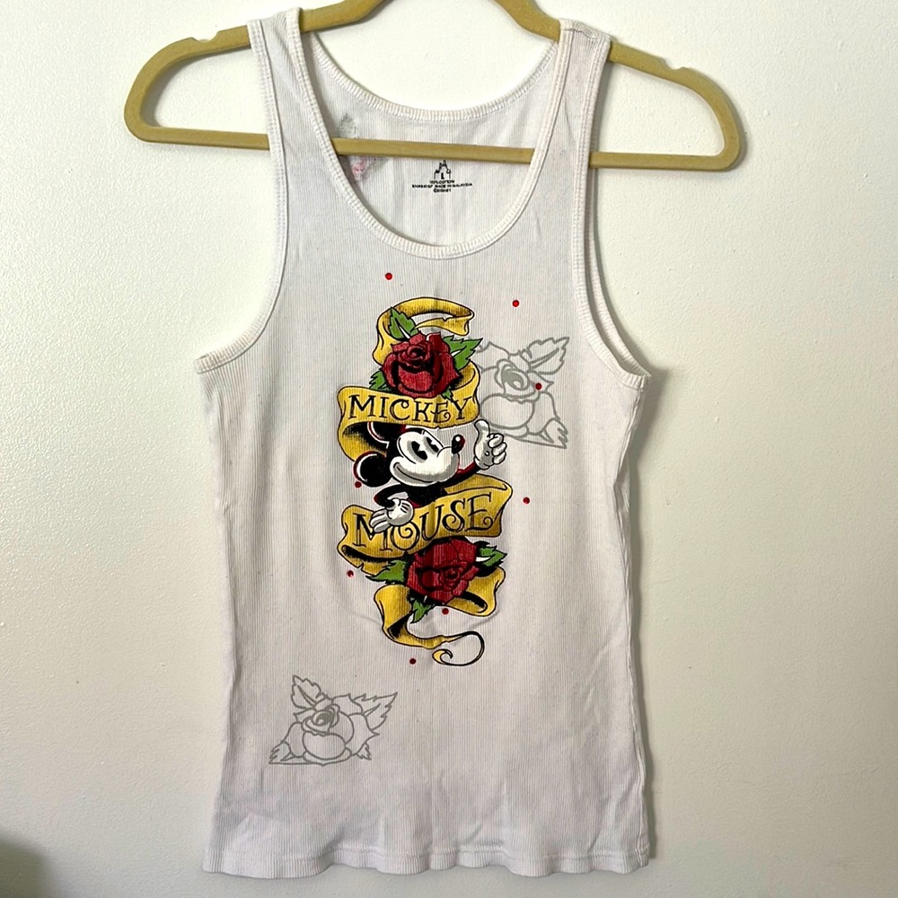 DISNEY | Women’s White Mickey Mouse Tatoo Style Bling Graphic Tank Top Sz Large